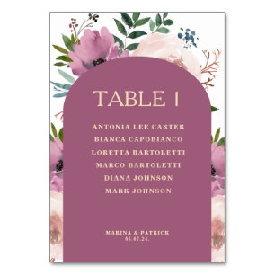 Plum Arch Floral Wedding Table Number Card