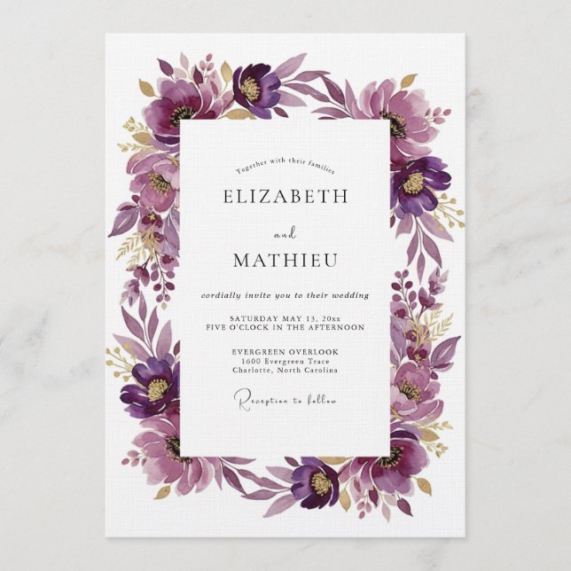 Plum Artistic Blossom Wedding Invitation (Front)