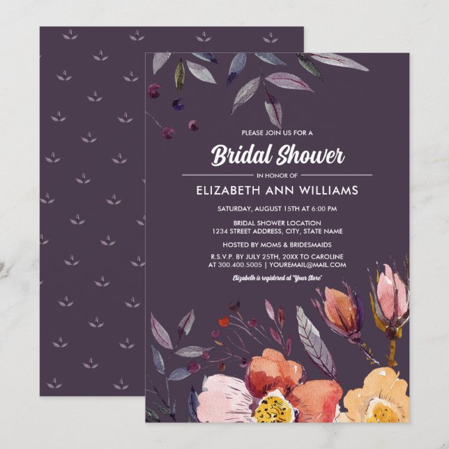 Plum Autumn Floral Bridal Shower  Invitation (Front/Back)