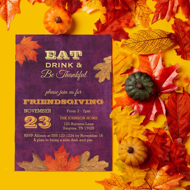 Plum Autumn Leaves Eat Drink & Be Thankful Invitation (Creator Uploaded)