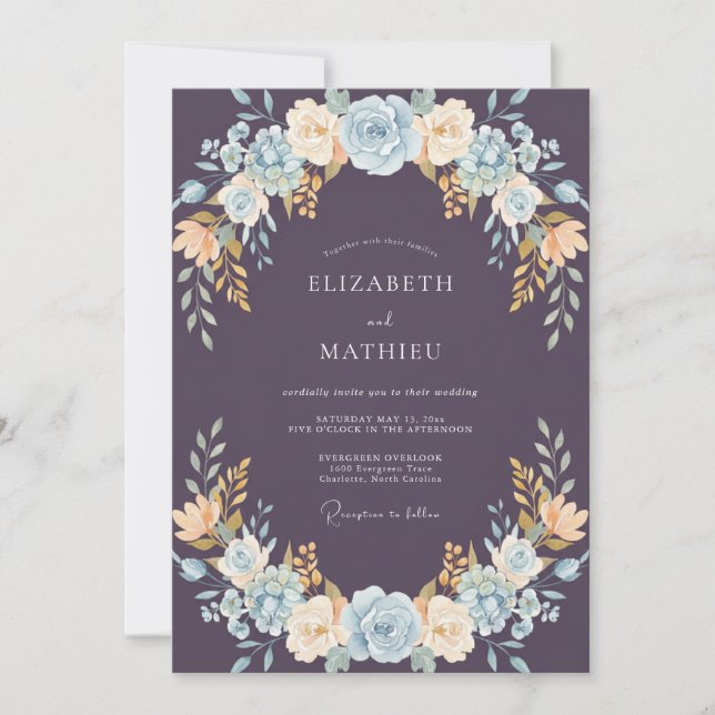 Plum Azure Leafy Wedding Invitation (Front)