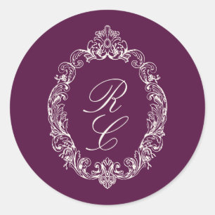 Plum Baroque Monogram Crest Wedding Classic Round Sticker