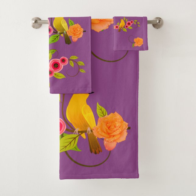 Plum - Bird & Yellow Rose Bath Towel Set (Insitu)