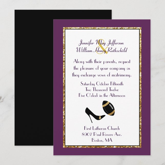 Plum, Black and Gold Football Wedding Invitation (Front/Back)