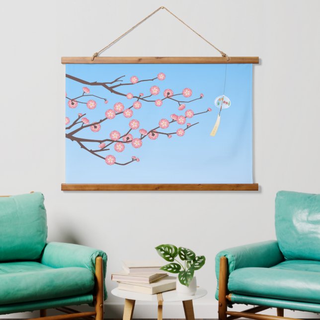 Plum Blossom and Glass Wind Chime on Light Blue Hanging Tapestry (Living Room)