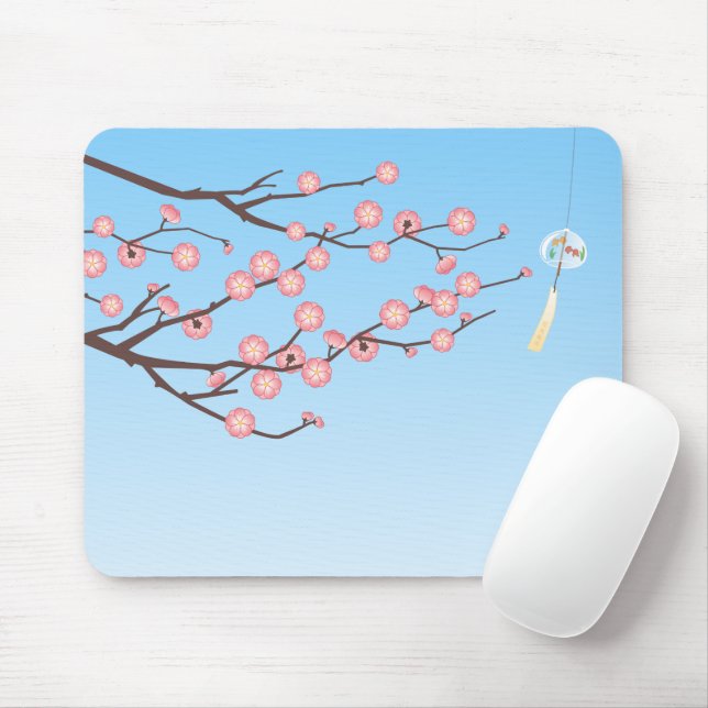Plum Blossom and Glass Wind Chime on Light Blue Mouse Mat (With Mouse)