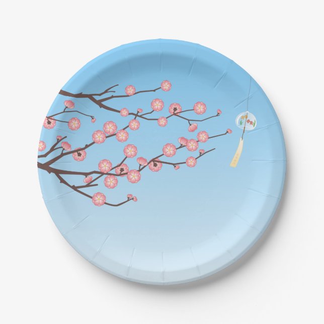 Plum Blossom and Glass Wind Chime on Light Blue Paper Plate (Front)