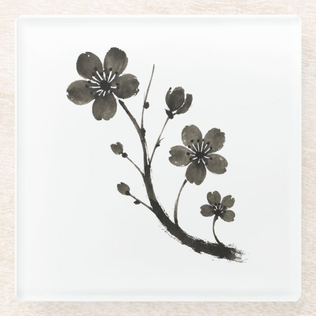 Plum Blossom Line Art – Botanical Design on Glass Coaster (Front)