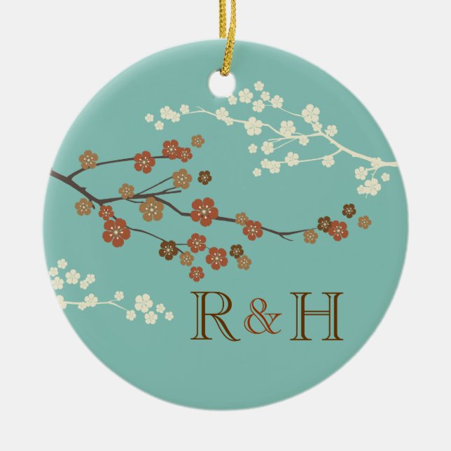 Plum Blossom Monogram Custom Ornament Teal Blue (Front)