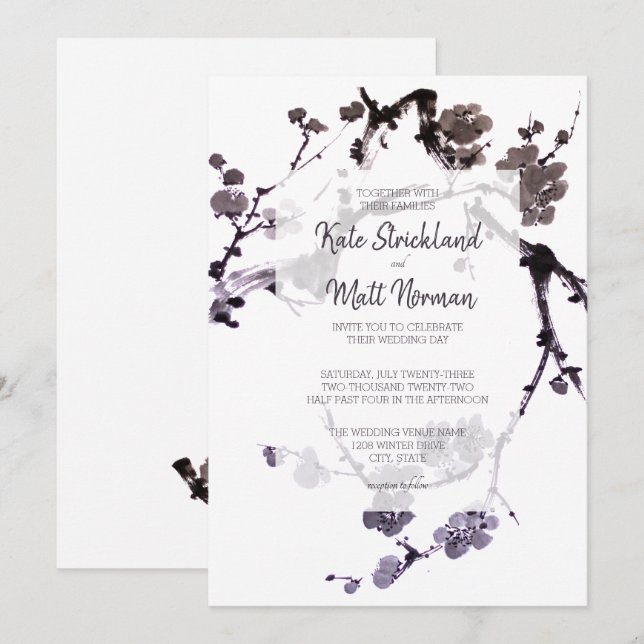 Plum blossom sumie ink invitation (Front/Back)
