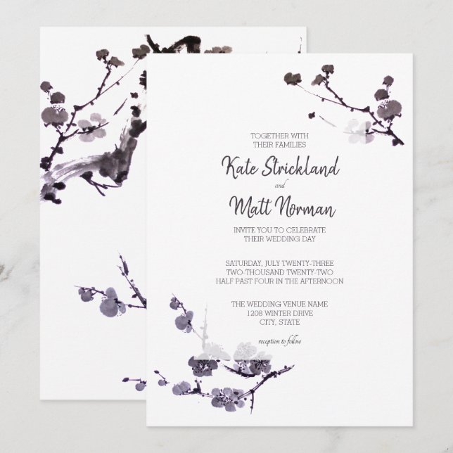 Plum blossom sumie Wedding Invitation (Front/Back)