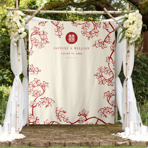 Plum Blossoms Double Xi Chinese Wedding Backdrop Tapestry