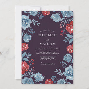 Plum Blue Coral Floral Wedding Invitation
