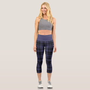 Plum Blue Plaid Designer High Waisted Capris