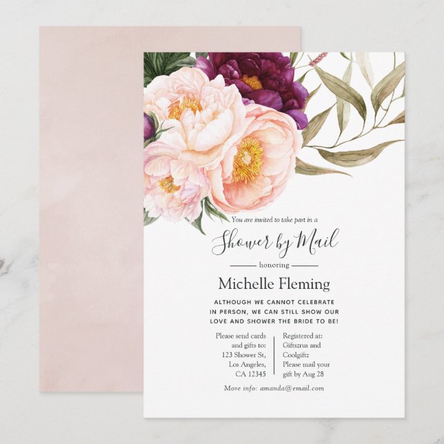 Plum & Blush Floral Baby or Bridal Shower by Mail Invitation (Front/Back)