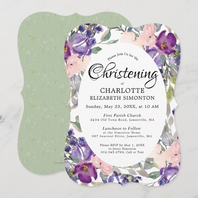 Plum Blush Floral Christening Invitations (Front/Back)