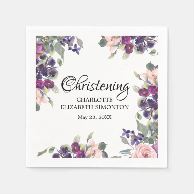 Plum Blush Floral Personalised Christening Napkin (Front)