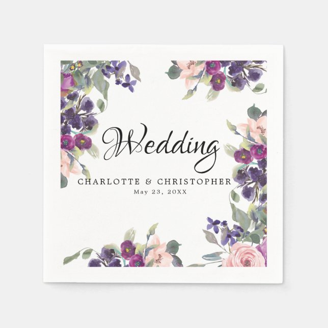 Plum Blush Floral Personalised Wedding Napkin (Front)