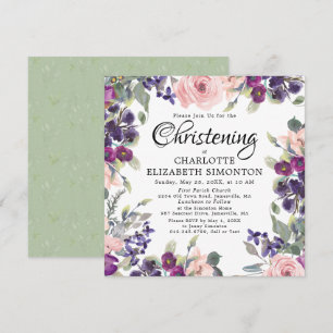 Plum Blush Floral Square Christening Invitations