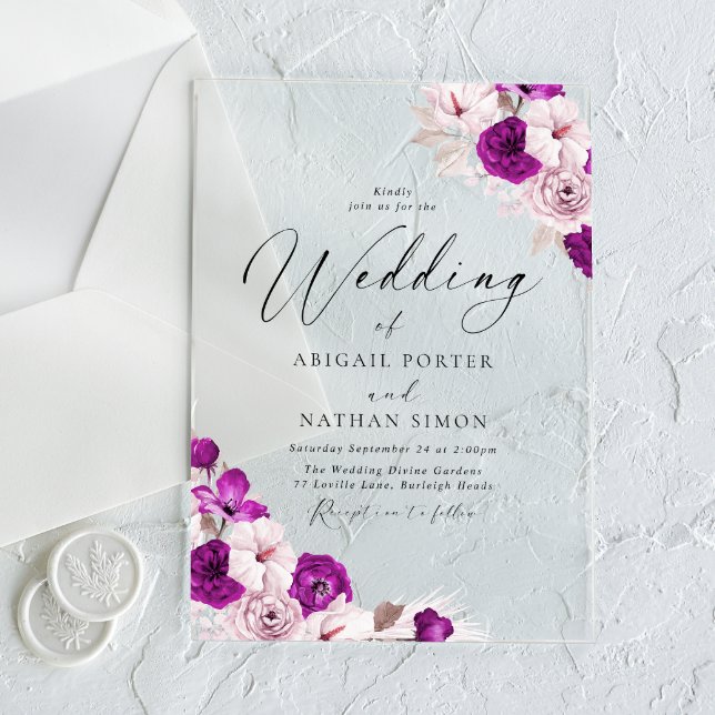 Plum & Blush Floral Watercolor Wedding Acrylic Invitations (Creator Uploaded)