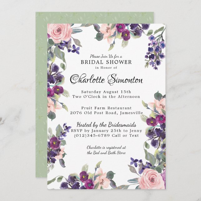 Plum Blush Modern Floral Bridal Shower Invitation (Front/Back)