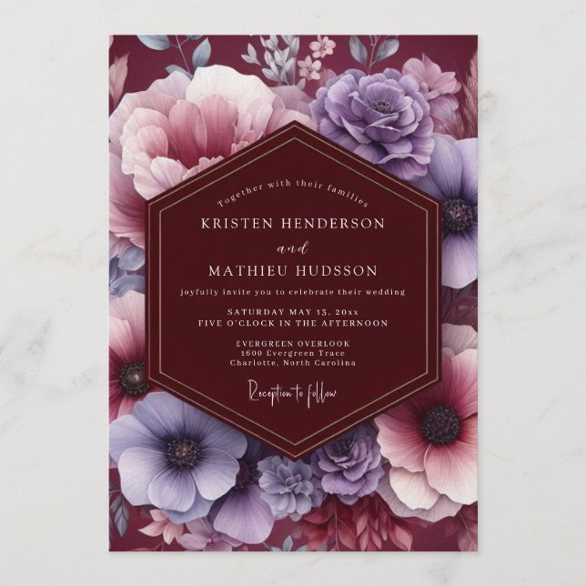 Plum & Blush Moody Bloom Wedding Invitation (Front)