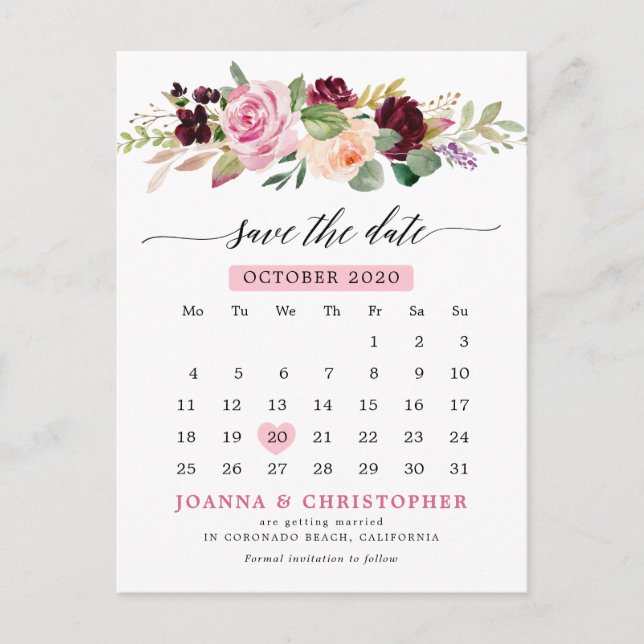 Plum Blush Pink Floral Calendar Save the date Announcement Postcard (Front)