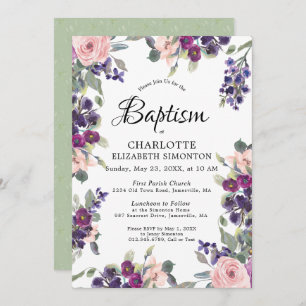 Plum Blush Purple Floral Baptism Invitation