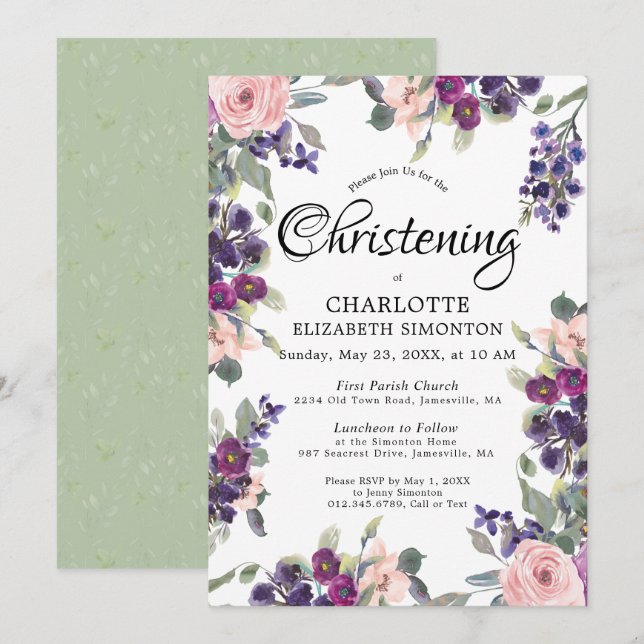 Plum Blush Purple Floral Christening Invitation (Front/Back)