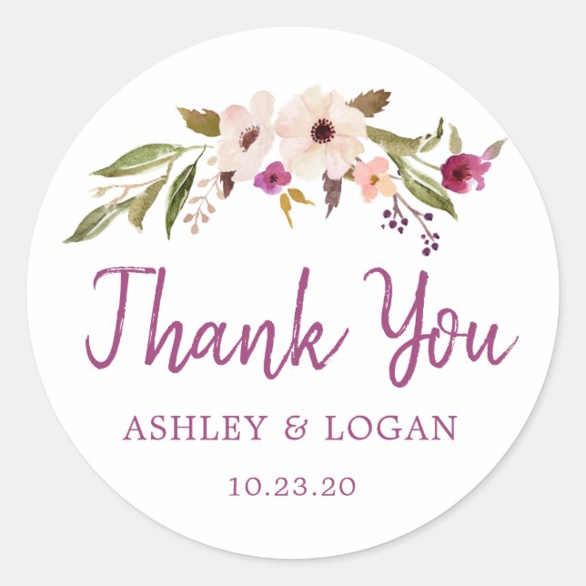Plum Boho Chic Wedding Thank You Favour Sticker (Front)
