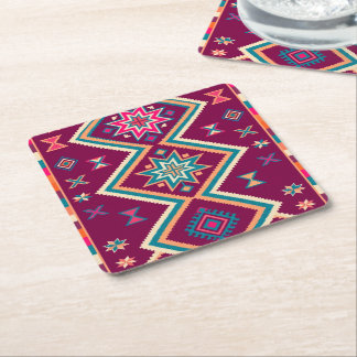 Plum Boho Southwestern Geometric Folk Art Pattern Square Paper Coaster