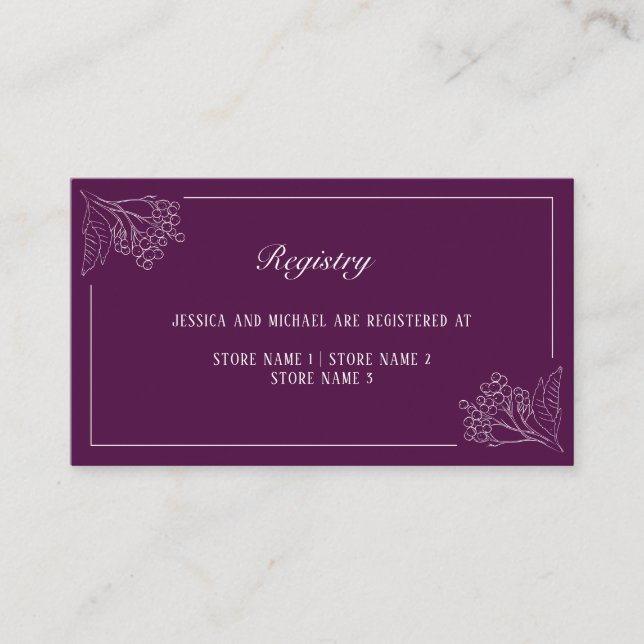 Plum Botanical Outline Elegant Wedding Registry Enclosure Card (Front)