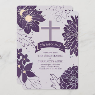 Plum Botanicals for Girls with Cross Christening Invitation