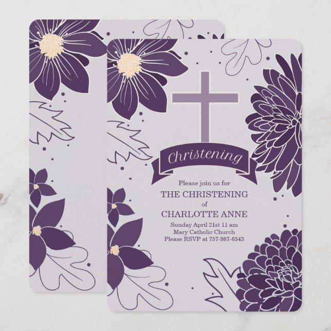 Plum Botanicals for Girls with Cross Christening Invitation (Front/Back)