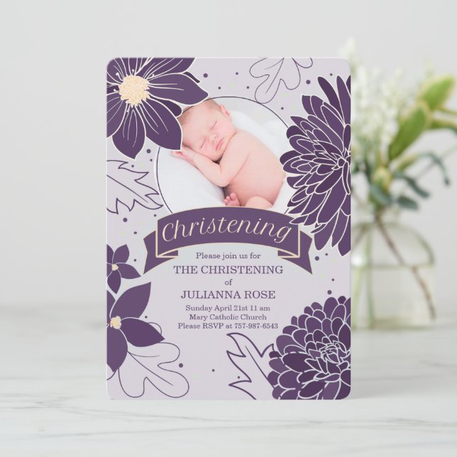 Plum Botanicals for Girls with Photo Christening Invitation (Standing Front)