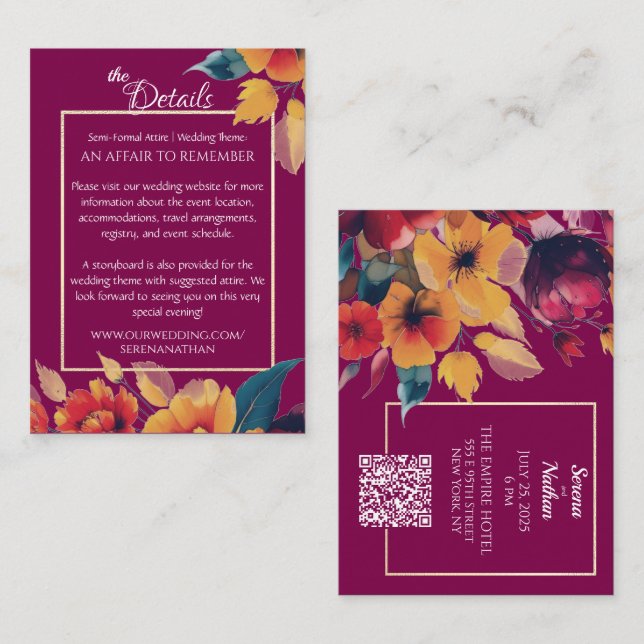 Plum Bouquet QR Code Wedding Details Enclosure Card (Front/Back)