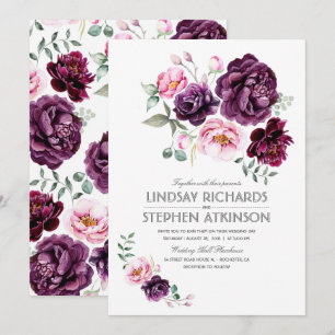 Plum Burgundy and Blush Floral Watercolor Wedding Invitation
