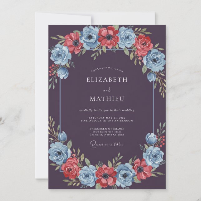 Plum Burgundy Blue Floral Wedding Invitation (Front)