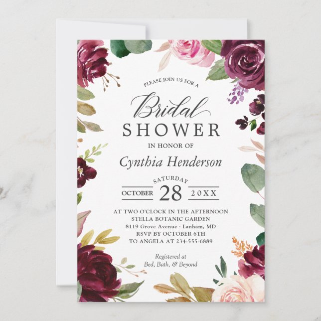 Plum Burgundy Blush Floral Classy Bridal Shower Invitation (Front)