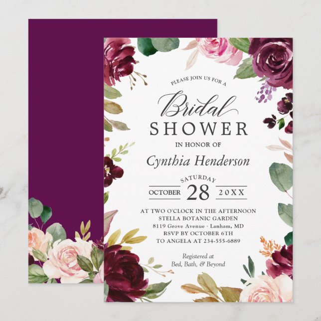Plum Burgundy Blush Floral Classy Bridal Shower Invitation (Front/Back)
