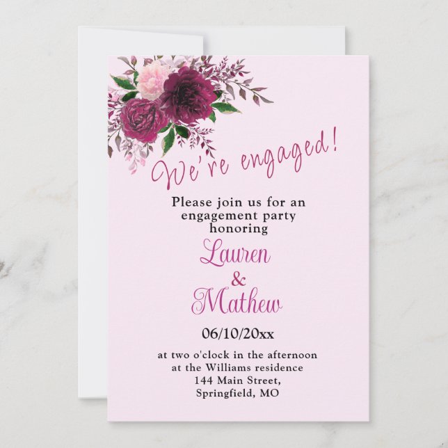 Plum Burgundy Blush Pink Floral Engagement Party I Invitation (Front)