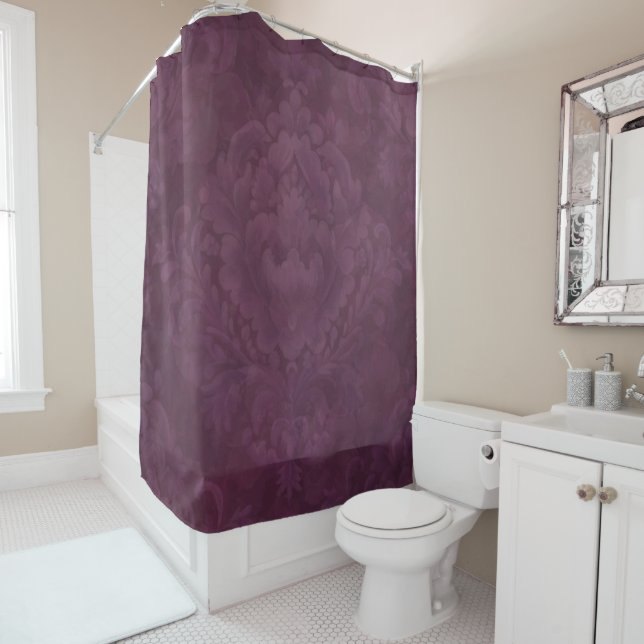 Plum burgundy dark dramatic scroll design shower curtain (In Situ)