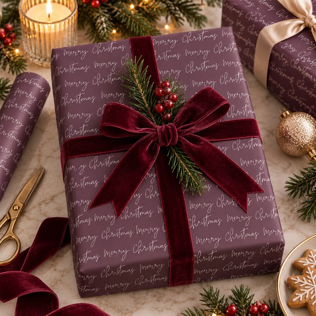 Plum Burgundy Merry Christmas Script Pattern Wrapping Paper (Plum Burgundy Merry Christmas Script Pattern Wrapping Paper)