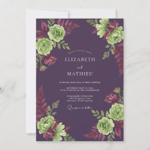 Plum Burgundy Succulent Eucalyptus Wedding Invitation