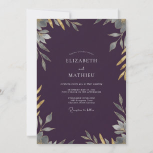 Plum Champagne Gold Leafy Wedding Invitation