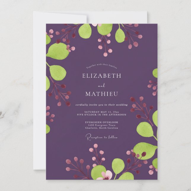 Plum Chartreuse Berry Wedding Invitation (Front)