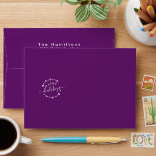 Plum Colour Happy Holidays Wreath Return Address Envelope