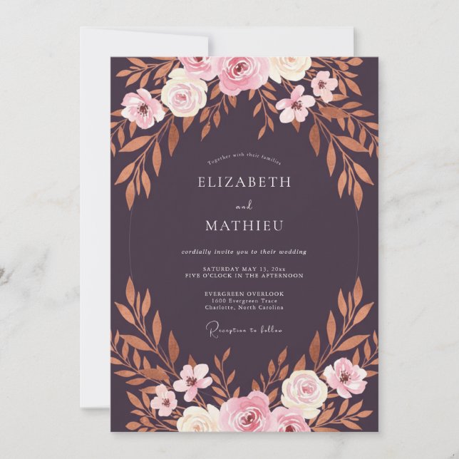 Plum Copper Leaf Wedding Invitation (Front)