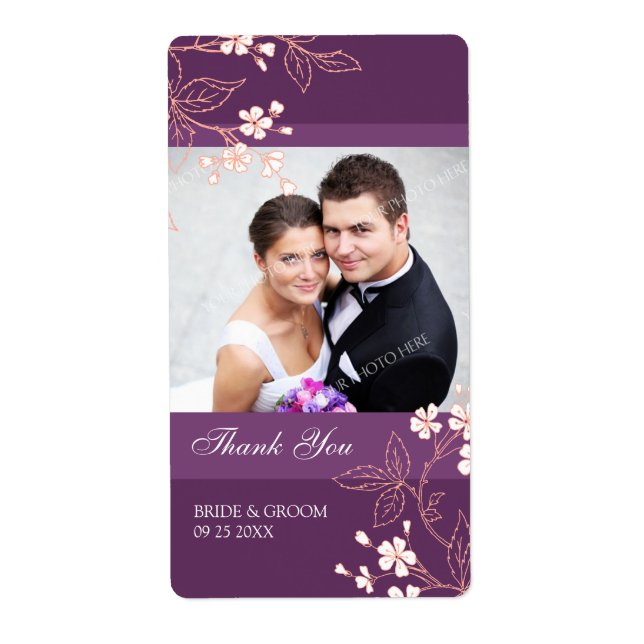Plum Coral Floral Photo Wedding Labels (Front)