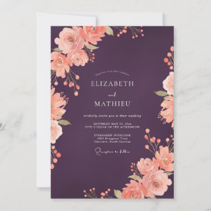 Plum Coral Flower Eucalyptus Wedding Invitation